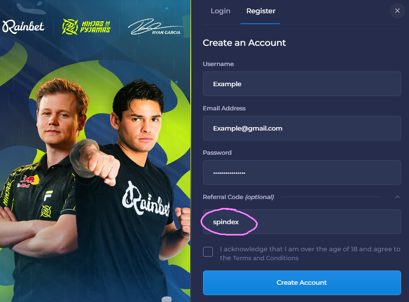 Rainbet signup form showing referral code field with SPINDEX entered and circled