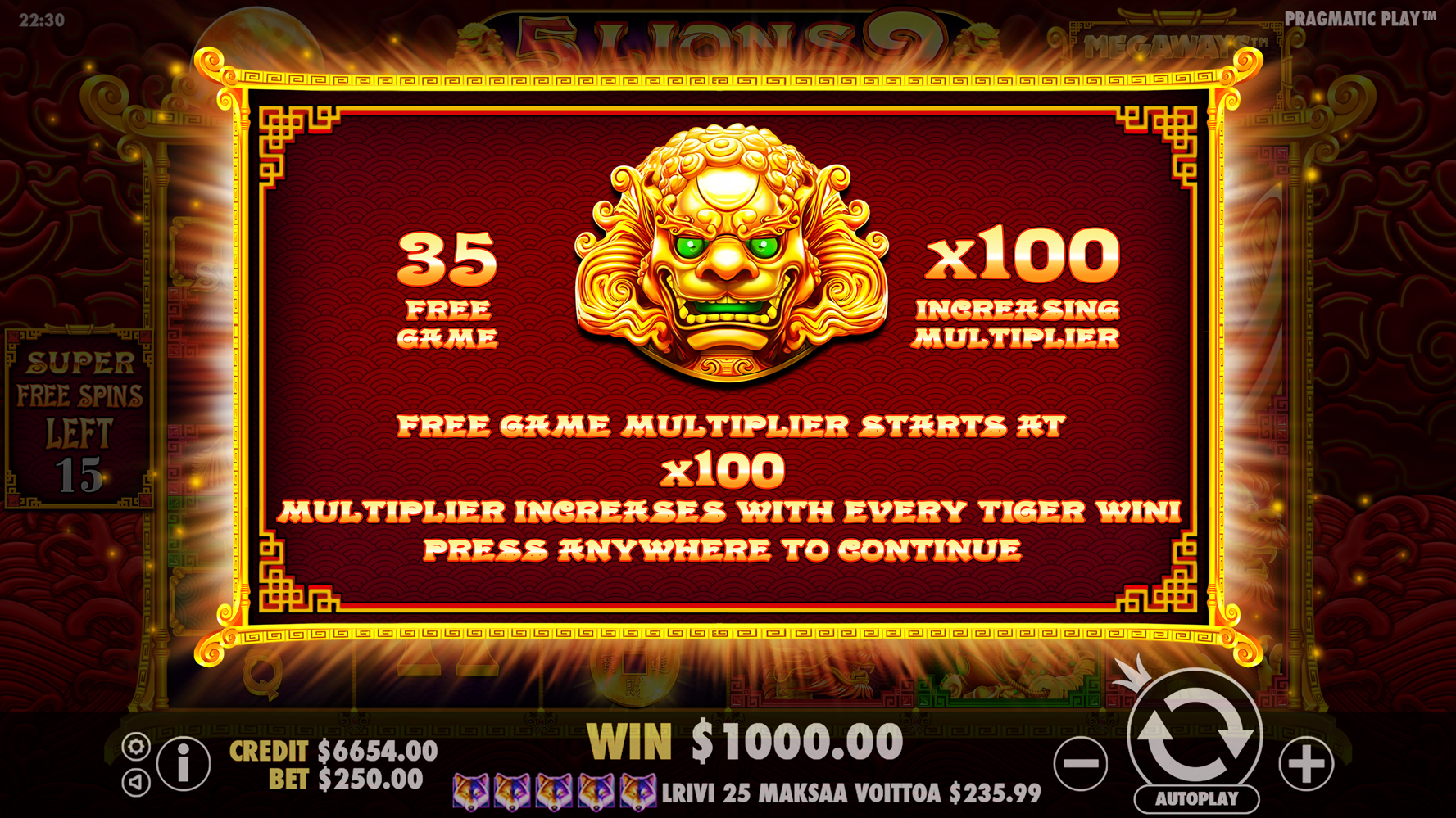 5 Lions Megaways 2 - Free spins 15
