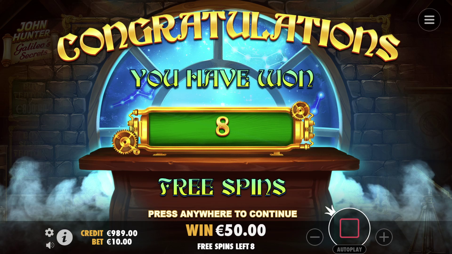 John Hunter and Galileo's Secrets - Free spins 2
