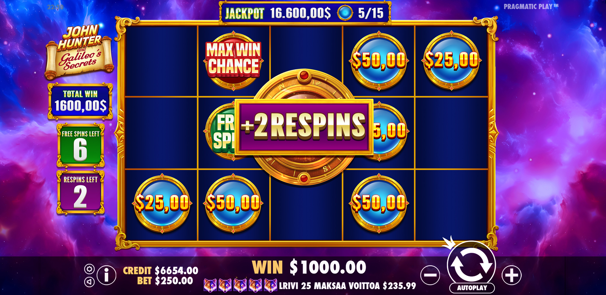 John Hunter and Galileo's Secrets - Free spins 15