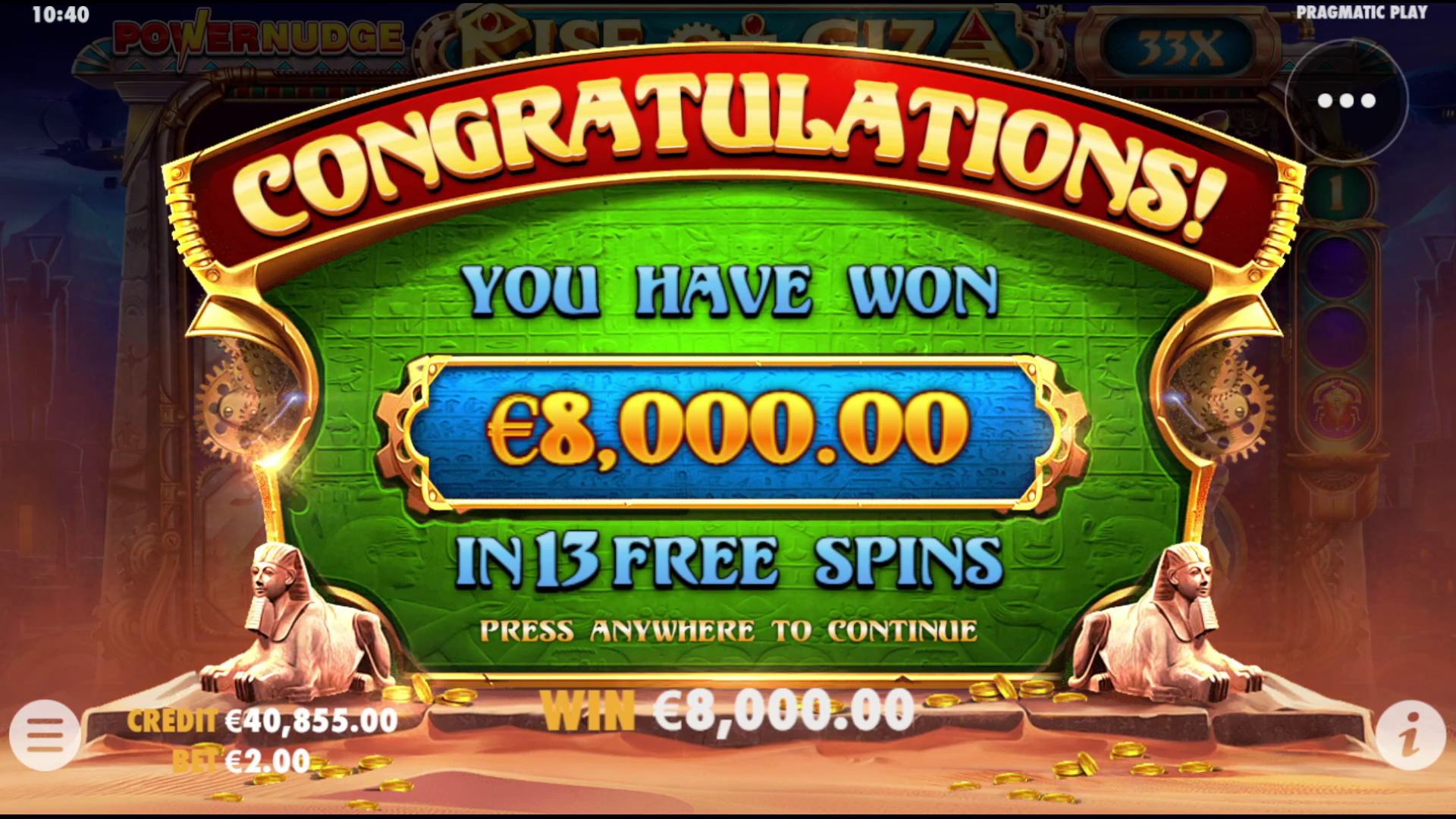 Rise of Giza PowerNudge - Free spins 10