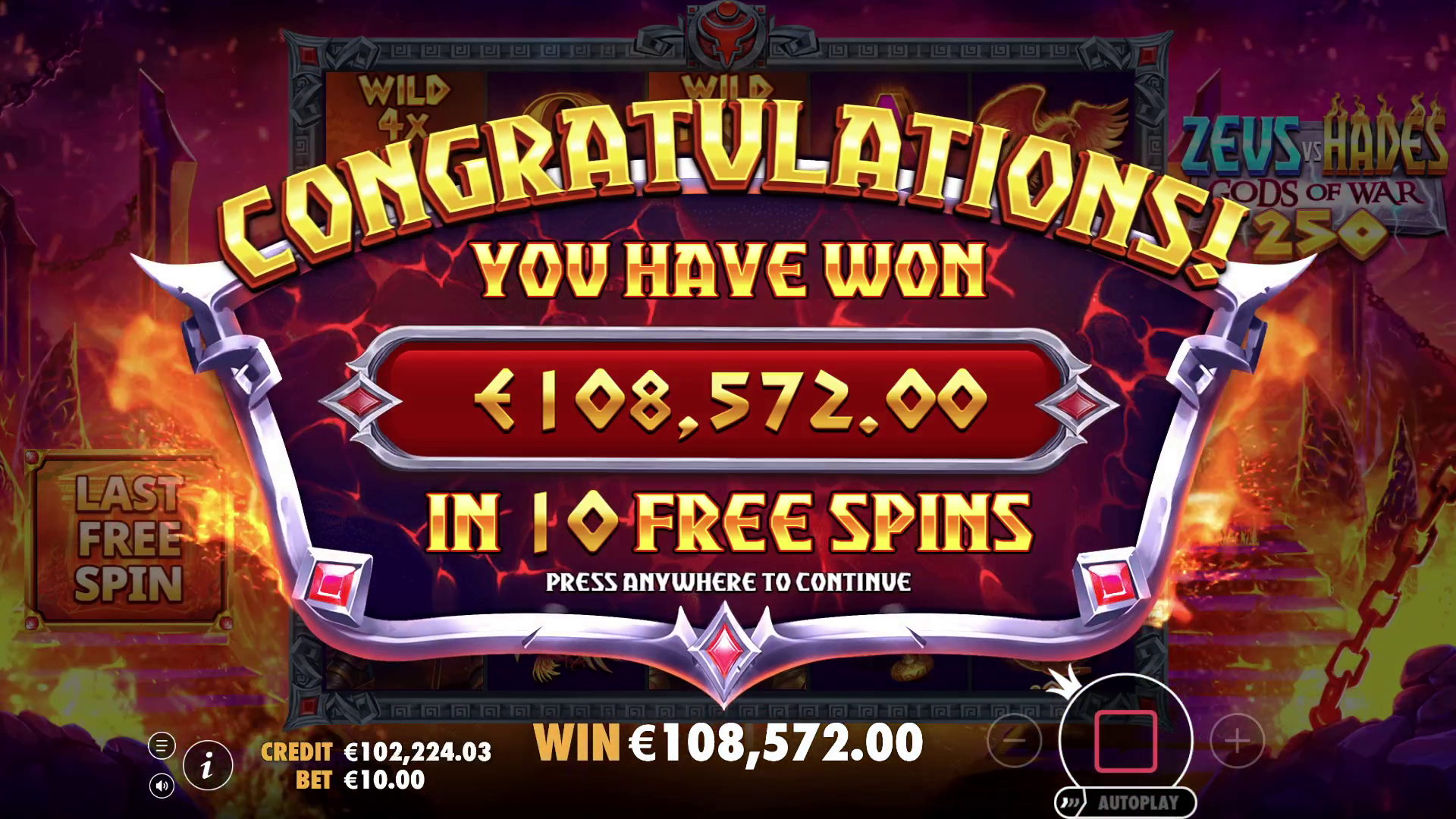 Zeus vs Hades - Gods of War 250 - Free spins 5
