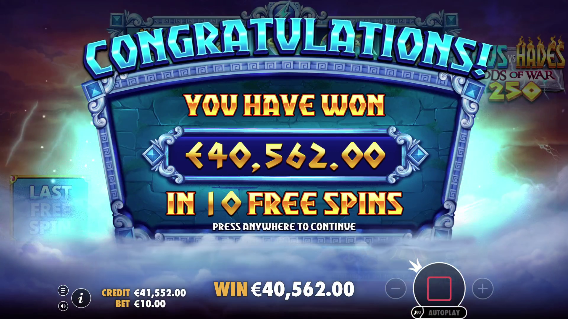 Zeus vs Hades - Gods of War 250 - Free spins 8