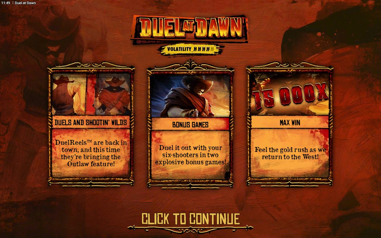 Duel at Dawn game lobby / feature intro