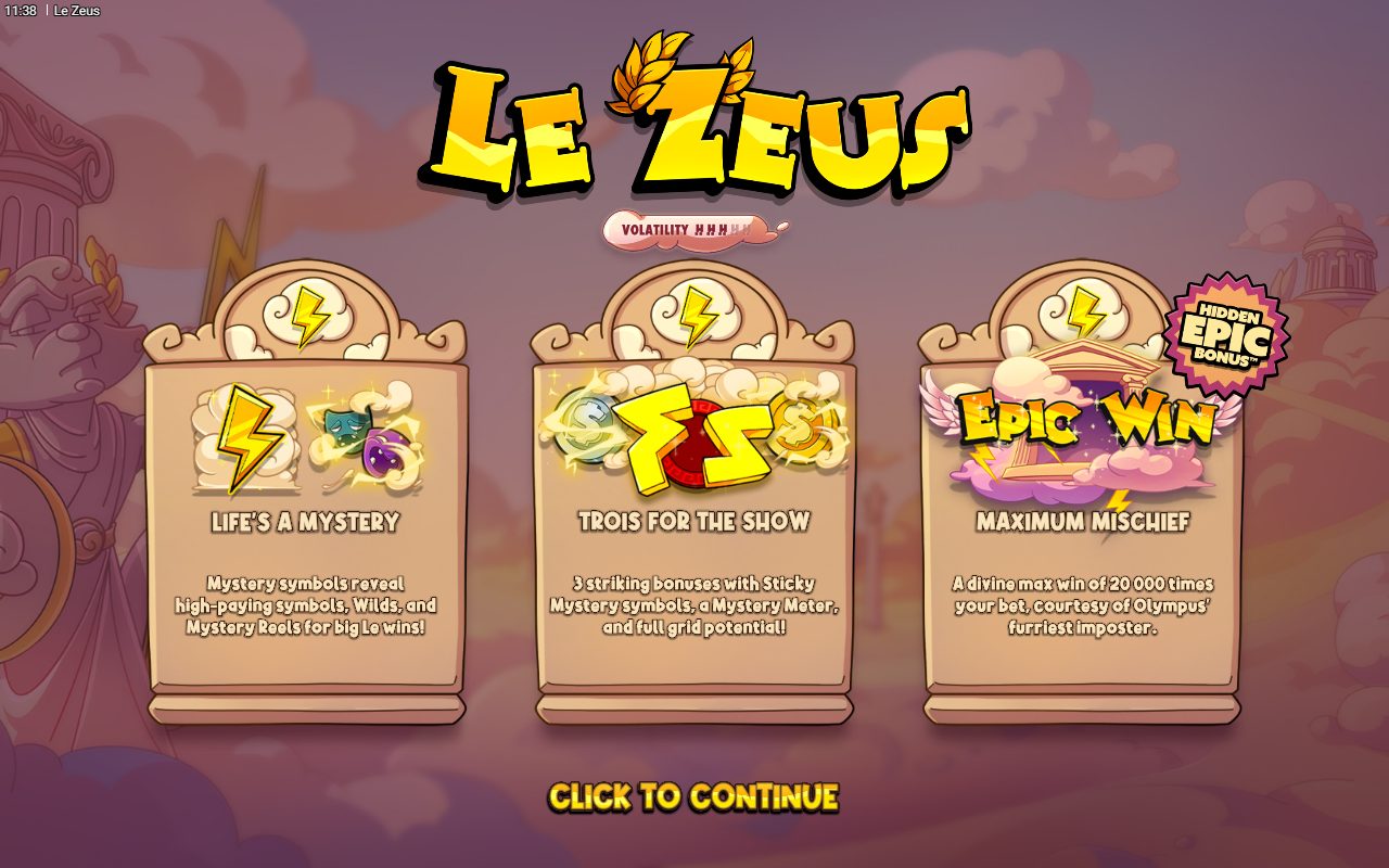 Le Zeus game lobby / feature intro