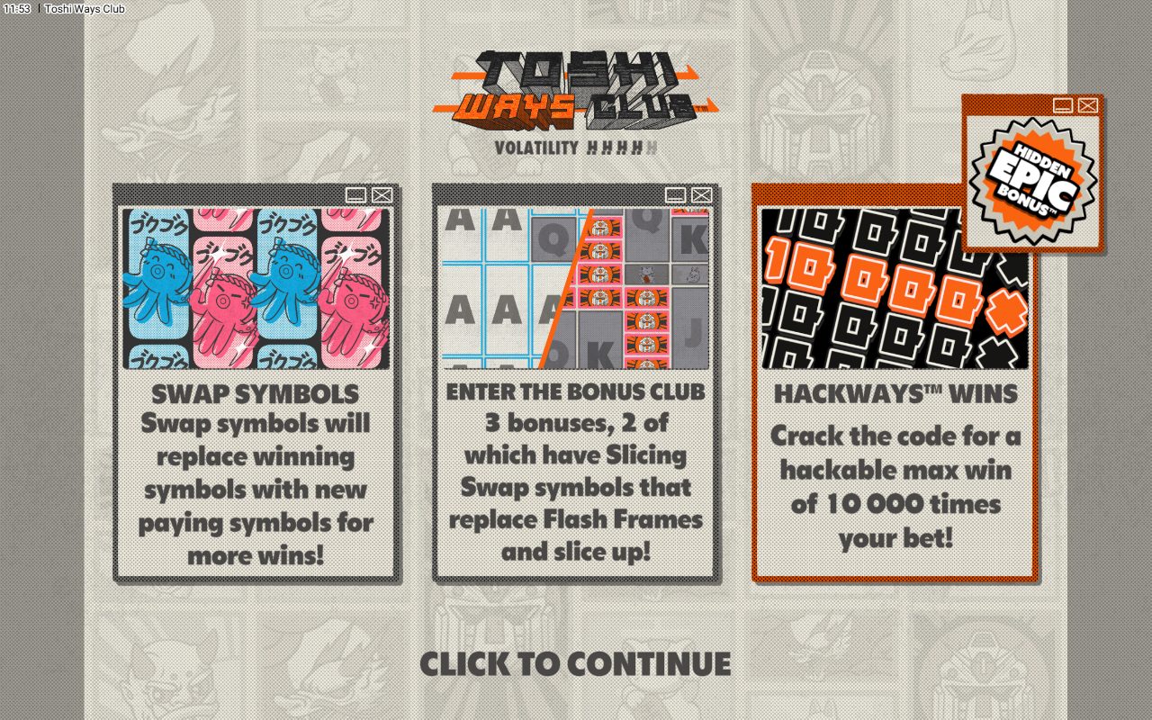 Toshi Ways Club game lobby / feature intro