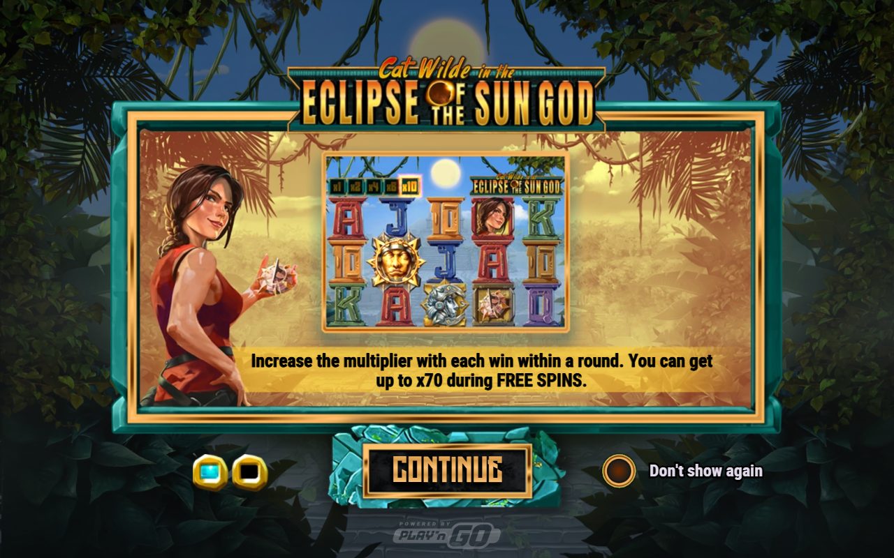 Cat Wilde in the Eclipse of the Sun God game lobby / feature intro